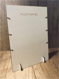 Houten display voor kettingen met tekst 'musthaves' 26x19 cm