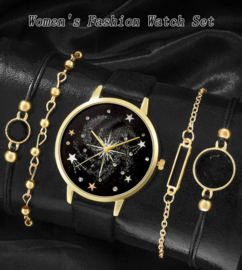 Horloge sterrenhemel + 4 armbandjes zwart