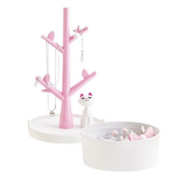 Sieraden display met opbergvakje roze - wit met katje