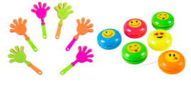 6 stuks klapperhandjes 9.5 cm + 6 stuks jojo smiley 3,5 cm / uitdeelcadeautjes