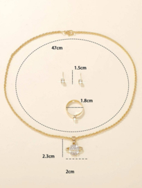 Sieradenset ketting - oorbellen - ring planeet met zirkonia goudkleur