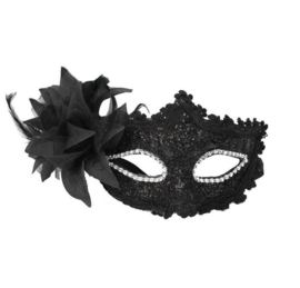 Masker zwart glitter - kant - bloem - veren