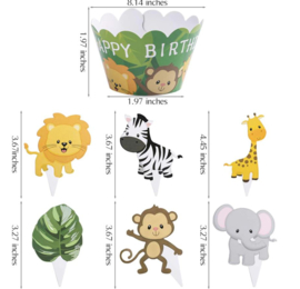 12 stuks cupcake omslagen jungle dieren Happy Birthday + 12 toppers