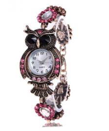 Horloge uil met strass roze