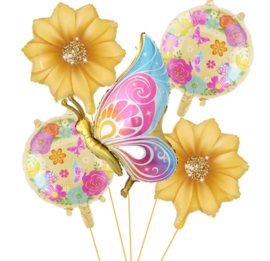 5 stuks folie ballonnen bloemen en vlinder