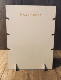 Houten display voor kettingen met tekst 'musthaves' 26x19 cm