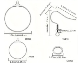 220 stuks onderdelen om oorringen - oorbellen te maken zilverkleur