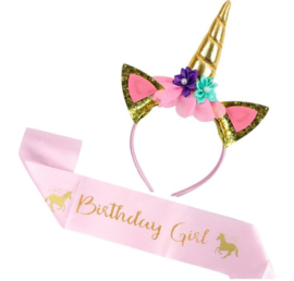 Unicorn - eenhoorn diadeem + sjerp Happy Birthday (goud-roze)