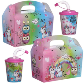 2 stuks menubox + 2 stuks 3d bekers girls - unicorn en uiltjes