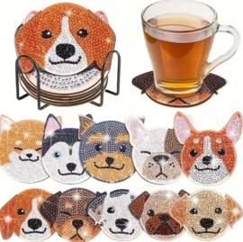 Hobbypakket Diamond Painting 10 stuks onderzetters honden met standaard