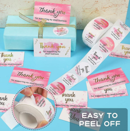 500 stuks Thank You stickers 3,5 cm op rol + 30 thank you kaartjes wit roze