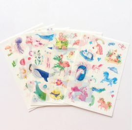 6 velletjes stickers unicorn flamingo dieren schelpen walvissen zeemeermin