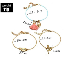 Set van 3 armbandjes  Bohemian flamingo - meloen - kwastje - schelp