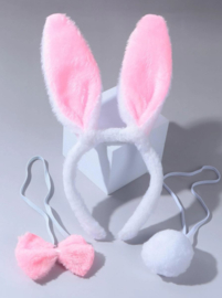 Diadeen konijnenoren + strikje + staartje roze wit voor volwassenen