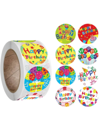 500 stickers op rol Happy Birthday 2,5 cm