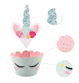 12 stuks cupcake omslagen + 12 toppers unicorn / eenhoorn