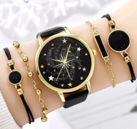 Horloge sterrenhemel + 4 armbandjes zwart