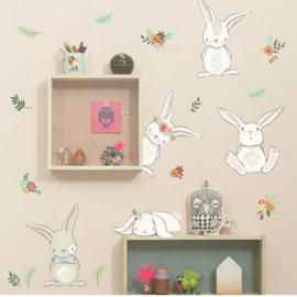 MUURSTICKER -WANDDECORATIE - konijntjes - KINDERKAMER - BABYKAMER - JONGEN - MEISJE