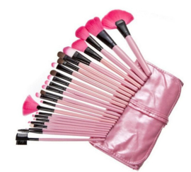 24-delige make-up kwasten set in lederlook etui roze