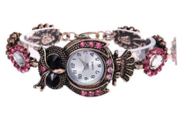 Horloge uil met strass roze