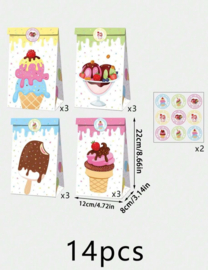 12 stuks papieren cadeauzakjes ijsjes 22x12x8 cm + stickers