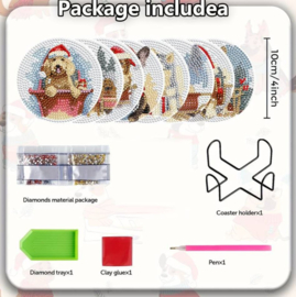 Hobbypakket Diamond Painting 8 stuks houten onderzetters kerst honden met standaard