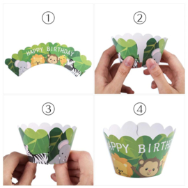 12 stuks cupcake omslagen jungle dieren Happy Birthday + 12 toppers