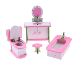 Houten poppenhuis badkamer meubelset roze wit