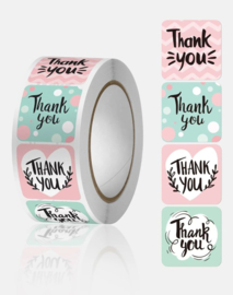 500 stuks stickers op rol thank You pastel roze en groen 2,5 cm