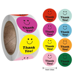 500 stickers op rol Smiley multicolor Thank You 2,5 cm