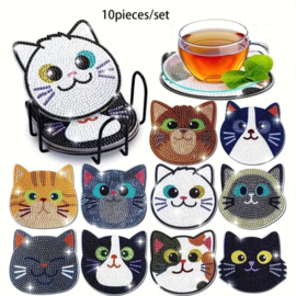 Hobbypakket Diamond Painting 10 stuks onderzetters katten + standaard