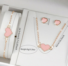 Dameshorloge roze + ketting + oorbellen + armband hart