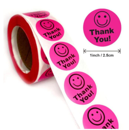 500 stickers op rol Smiley roze Thank You 2,5 cm