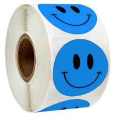 3 rollen 500 Smiley stickers 2,5 cm oranje - groen - blauw = 1500 stickers