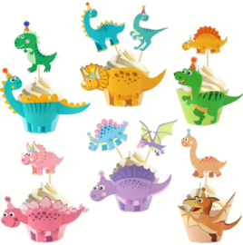 7 stuks cupcake omslagen dinosaurussen met feesthoedjes + 7 cupcake toppers