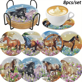 Hobbypakket Diamond painting 8 stuks onderzetters paarden + standaard