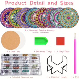 Hobbypakket Diamond Painting 8 stuks onderzetters mandala + standaard