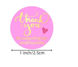 500 stickers op rol Thank You for supporting my small business roze 2,5 cm