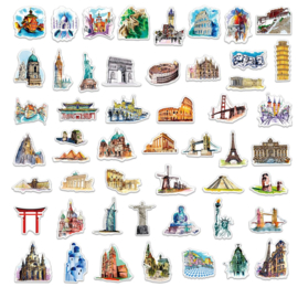 50 stuks stickers wereldberoemde gebouwen tot 8 cm