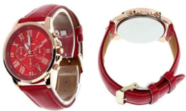 Romeinse Cijfers PU Leather Analoge Quartz Horloge rood