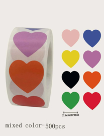 500 stickers hart op rol verschillende kleuren 2,5 cm
