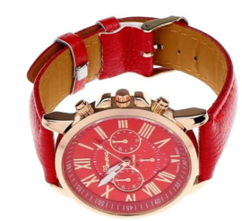 Romeinse Cijfers PU Leather Analoge Quartz Horloge rood