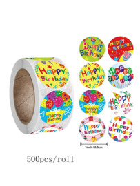 500 stickers op rol Happy Birthday 2,5 cm