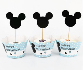 12 stuks cupcake omslagen + 12 toppers Mickey Mouse