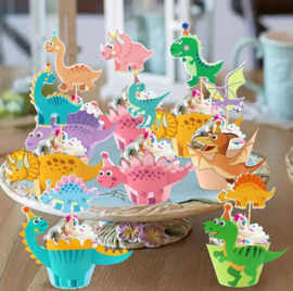 7 stuks cupcake omslagen dinosaurussen met feesthoedjes + 7 cupcake toppers