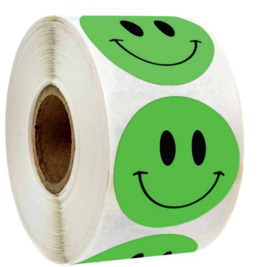 3 rollen 500 Smiley stickers 2,5 cm oranje - groen - blauw = 1500 stickers