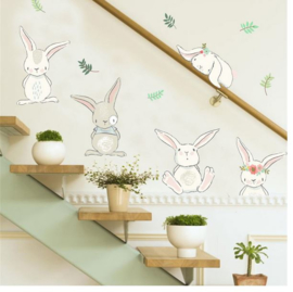 MUURSTICKER -WANDDECORATIE - konijntjes - KINDERKAMER - BABYKAMER - JONGEN - MEISJE