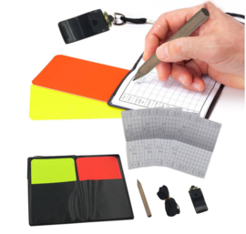 Voetbal scheidsrechter set - mapje gele en rode kaart - fluit scoreblaadjes - potlood