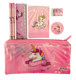 Unicorn etui + 2 potloden + gum + puntenslijper + liniaal + notitieboekje