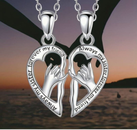 2-delige ketting zussen Always my sister forever my friend - hart - hand